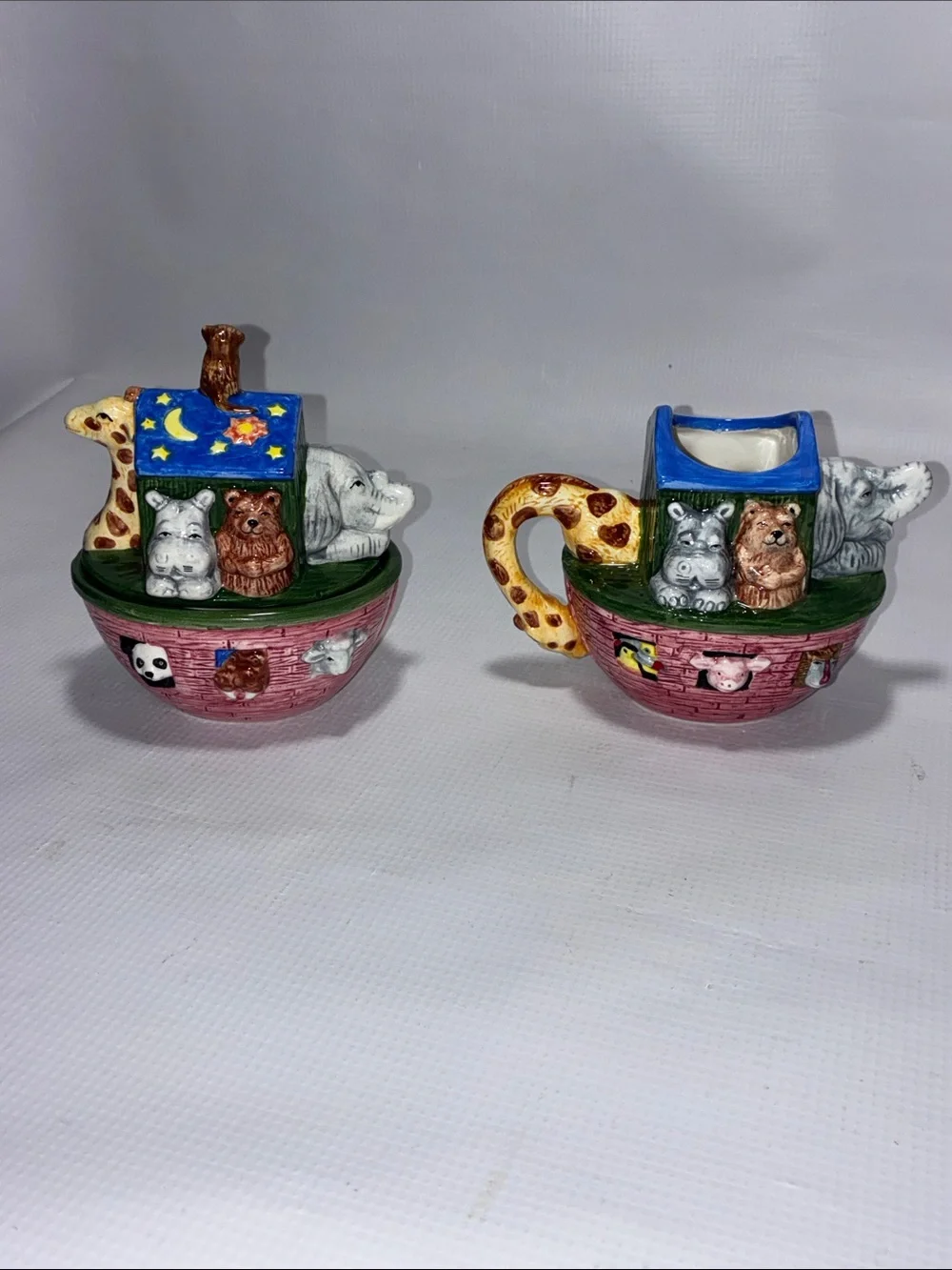 Vintage (‘94) Ceramic Noah’s Ark Sugar Bowl & Creamer Set - Pink and Blue